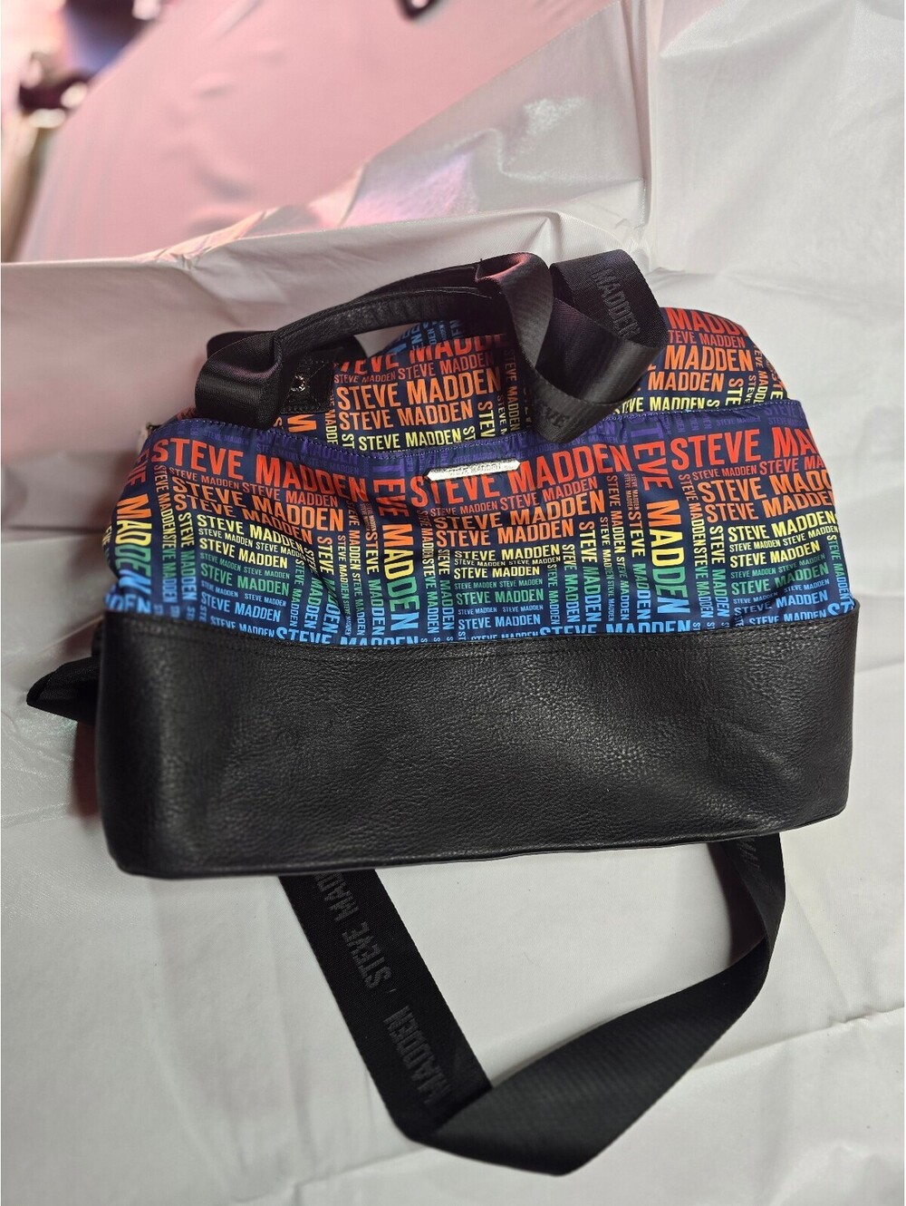 Steve Madden Multicolor Logo Print Crossbody Bag Black Faux Leather Purse Unisex